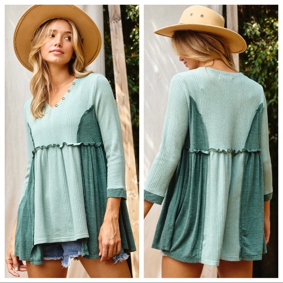 ShopEvelynne Tops - Alex 3/4 Sleeves Boho V Neck BabyDoll Color Block Top